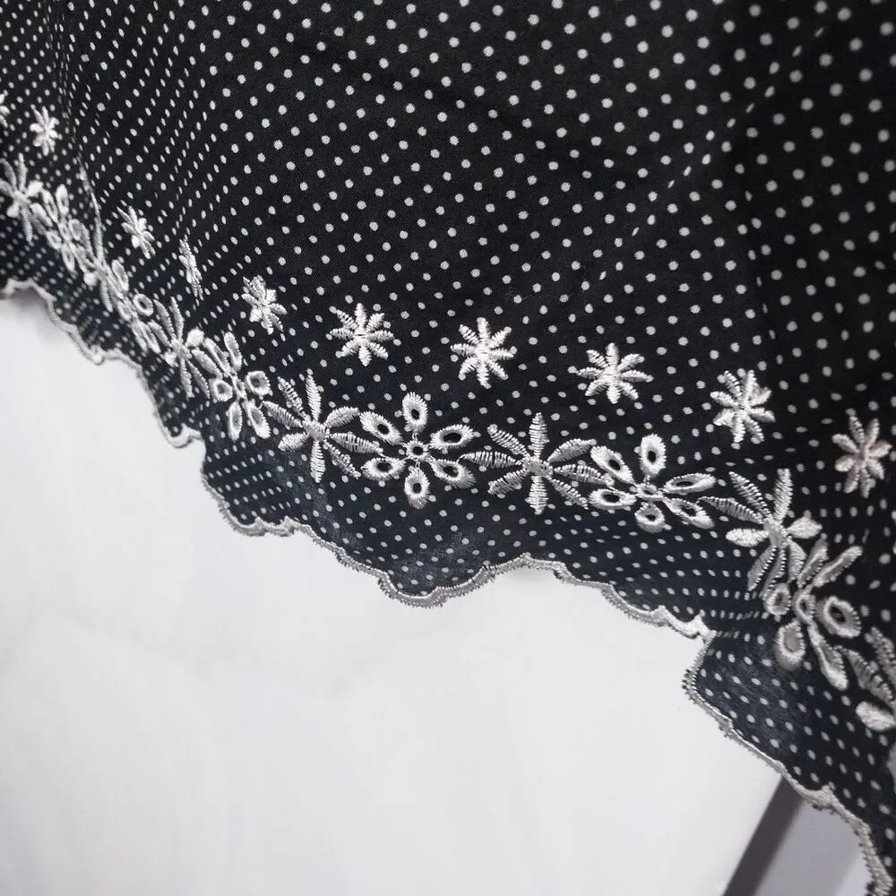 Sag Harbor 3X Black Polka Dot Cotton Midi Skirt Elastic Waist Floral Hem Boho